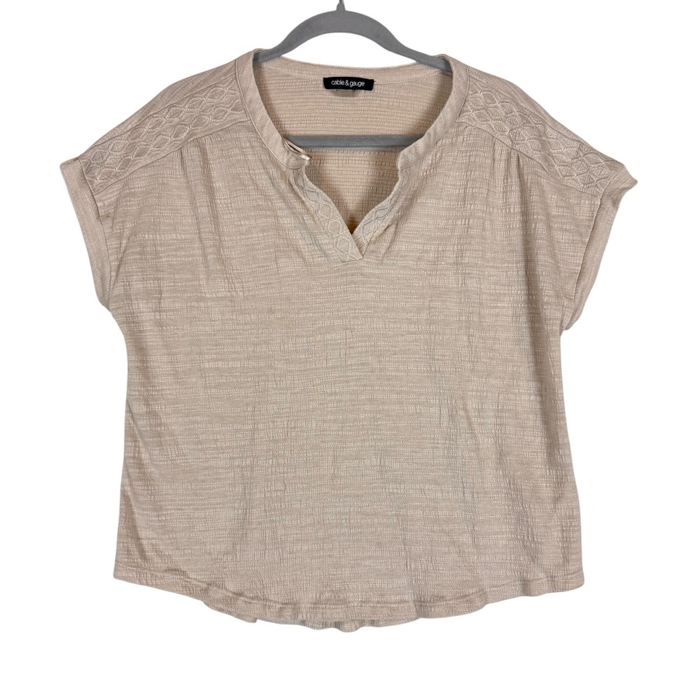 Cable & Gauge Blouse Womens Large Beige V Neck Cap Sleeve Embroidered Knit